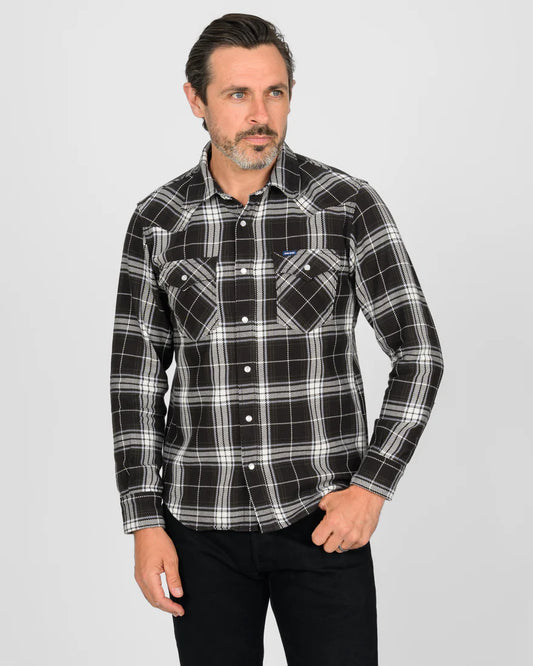 IHSH-439-BLK Iron Heart 9oz Selvedge Flannel Check Western Shirt - Black