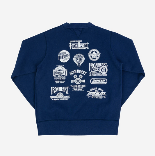 Bedrucktes 14-Unzen-Sweatshirt aus ultraschwerer Loopwheel-Baumwolle mit Rundhalsausschnitt – Marineblau