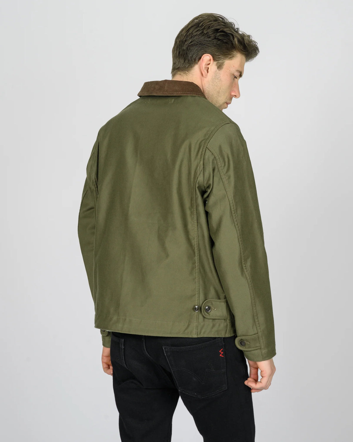 Iron Heart IHM-53-ODG 12oz whipcord N1 deck jacket olive drab green detail view