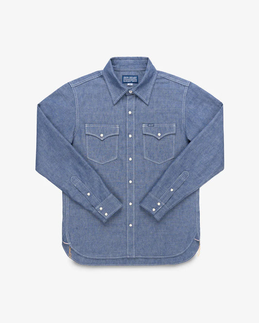 IHSH-13-BLU Iron Heart 10oz Selvedge Chambray Single Yoke Western Shirt - Blue
