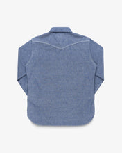 Laden Sie das Bild in den Galerie-Viewer, IHSH-13-BLU Iron Heart 10oz Selvedge Chambray Westernhemd mit einfacher Passe – Blau