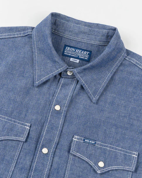 IHSH-13-BLU Iron Heart 10oz Selvedge Chambray Westernhemd mit einfacher Passe – Blau