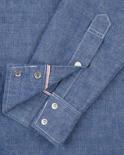 IHSH-13-BLU Iron Heart 10oz Selvedge Chambray Westernhemd mit einfacher Passe – Blau