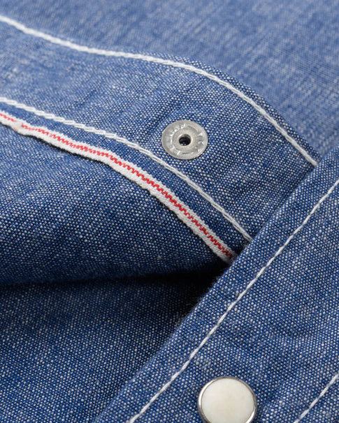 IHSH-13-BLU Iron Heart 10oz Selvedge Chambray Westernhemd mit einfacher Passe – Blau