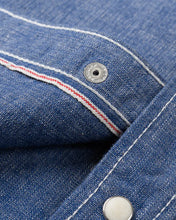 Laden Sie das Bild in den Galerie-Viewer, IHSH-13-BLU Iron Heart 10oz Selvedge Chambray Westernhemd mit einfacher Passe – Blau