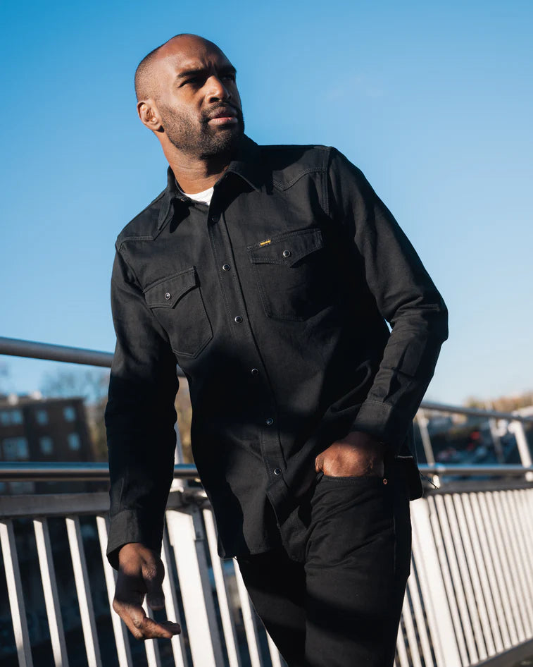 IHSH-218-BLK Iron Heart 12oz Selvedge Denim Western Shirt "The Johnny Cash III" - Superblack