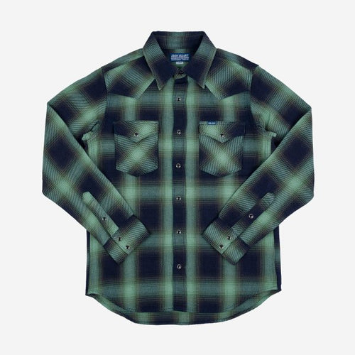 IHSH-348-GRN, 9oz Selvedge Ombré Check Western Shirt - Green