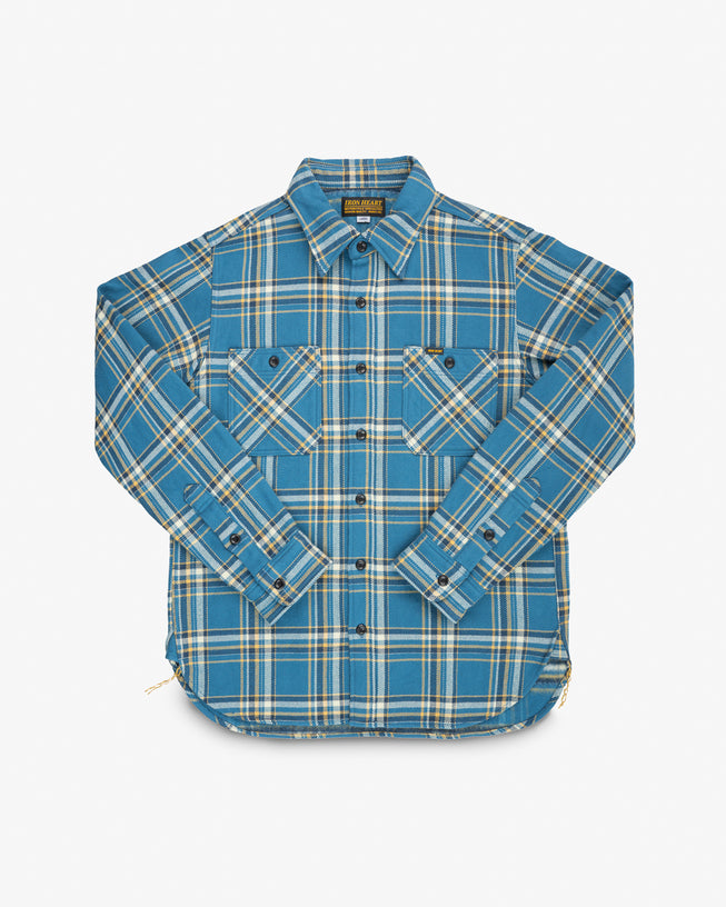 Iron Heart IHSH-435-BLU ultra heavy flannel American check work shirt blue front view