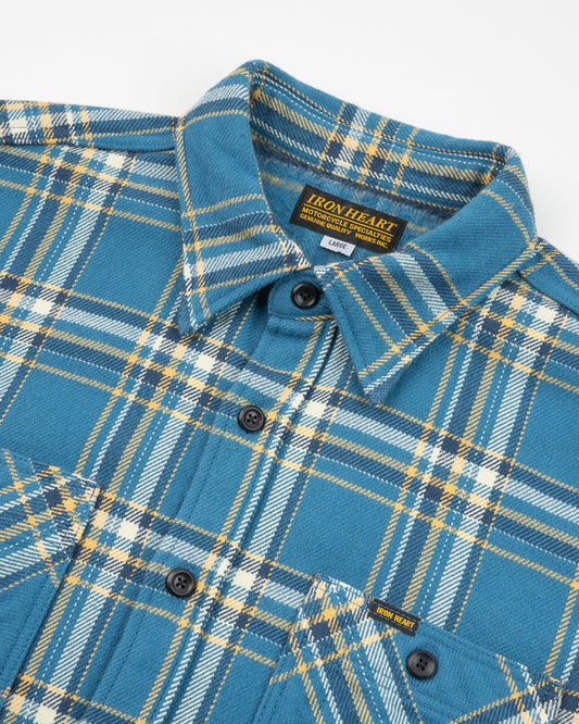 Iron Heart IHSH-435-BLU ultra heavy flannel American check work shirt in blue - front view