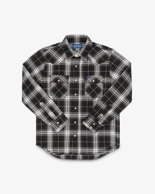 IHSH-439-BLK Iron Heart 9oz Selvedge Flannel Check Western Shirt - Black