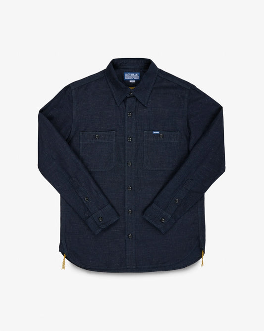 IHSH-443-IND Iron Heart 7oz Cotton Linen Chambray Work Shirt - Indigo