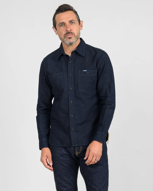 IHSH-443-IND Iron Heart 7oz Cotton Linen Chambray Work Shirt - Indigo