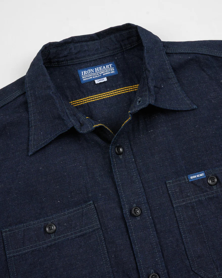 IHSH-443-IND Iron Heart 7oz Cotton Linen Chambray Work Shirt - Indigo