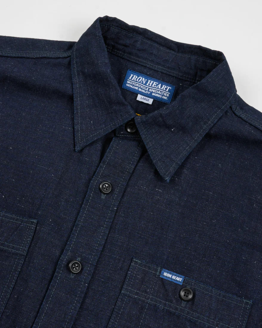 IHSH-443-IND Iron Heart 7oz Cotton Linen Chambray Work Shirt - Indigo