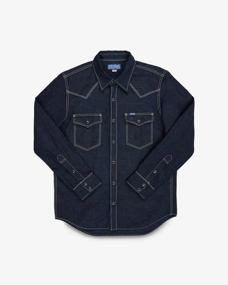 IHSH-444-IND Iron Heart Cotton Linen Chambray Western Shirt - Indigo