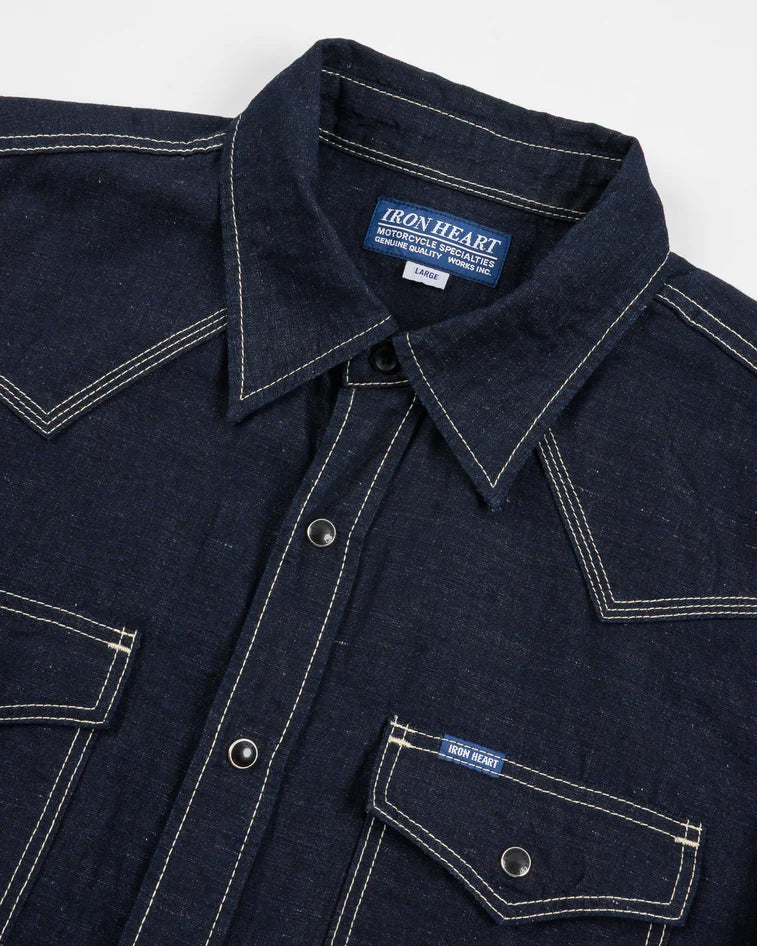 IHSH-444-IND Iron Heart Cotton Linen Chambray Western Shirt - Indigo