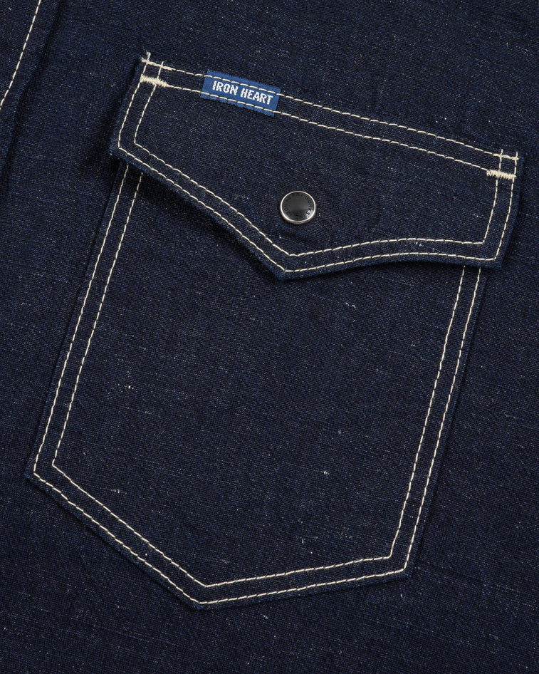 IHSH-444-IND Iron Heart Cotton Linen Chambray Western Shirt - Indigo