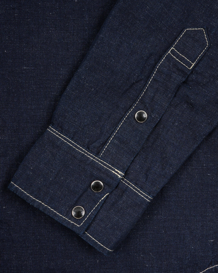 IHSH-444-IND Iron Heart Cotton Linen Chambray Western Shirt - Indigo