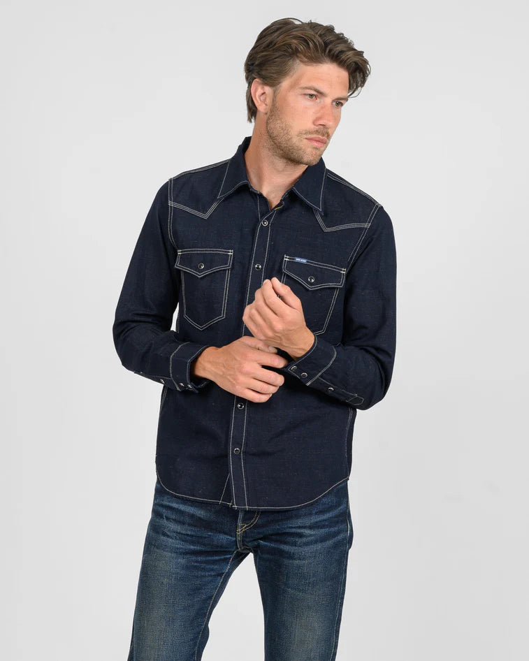 IHSH-444-IND Iron Heart Cotton Linen Chambray Western Shirt - Indigo