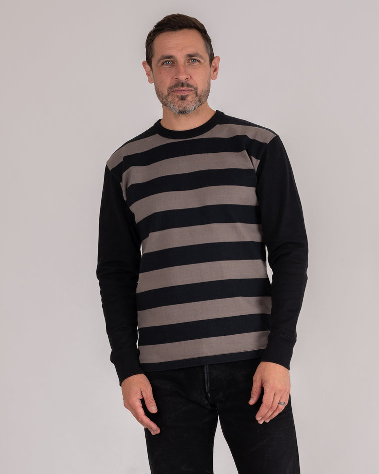 Man wearing Iron Heart 11oz cotton sweater - label and branding detail from the front