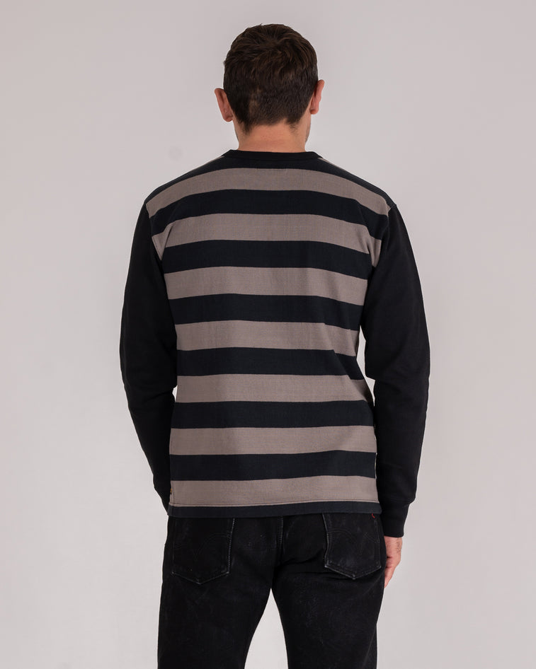 Man wearing Iron Heart 11oz cotton sweater striped colorblock - back view