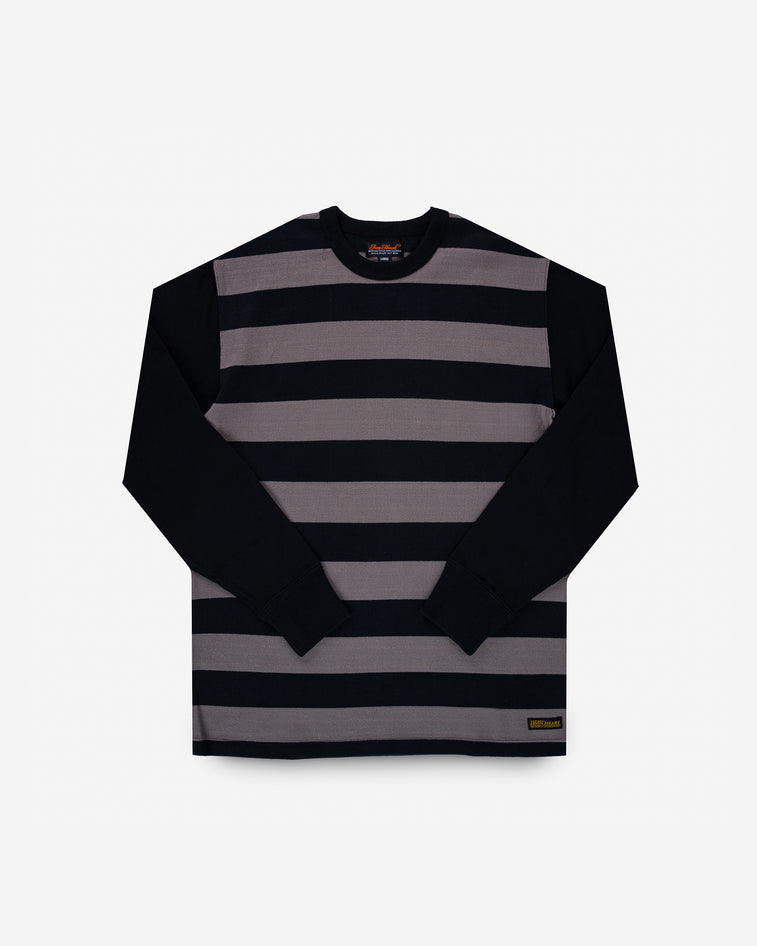 Iron Heart 11oz cotton long-sleeved sweater with striped body and black arms - front view