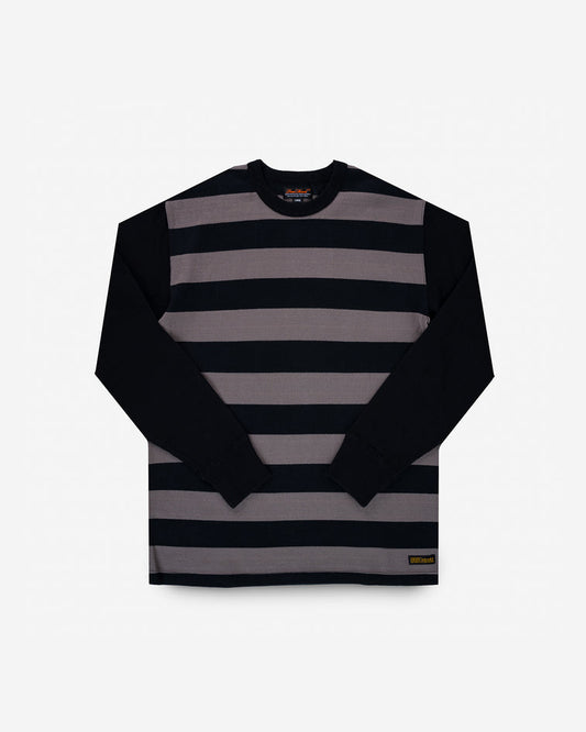 Iron Heart 11oz cotton long-sleeved sweater with striped body and black arms - front view