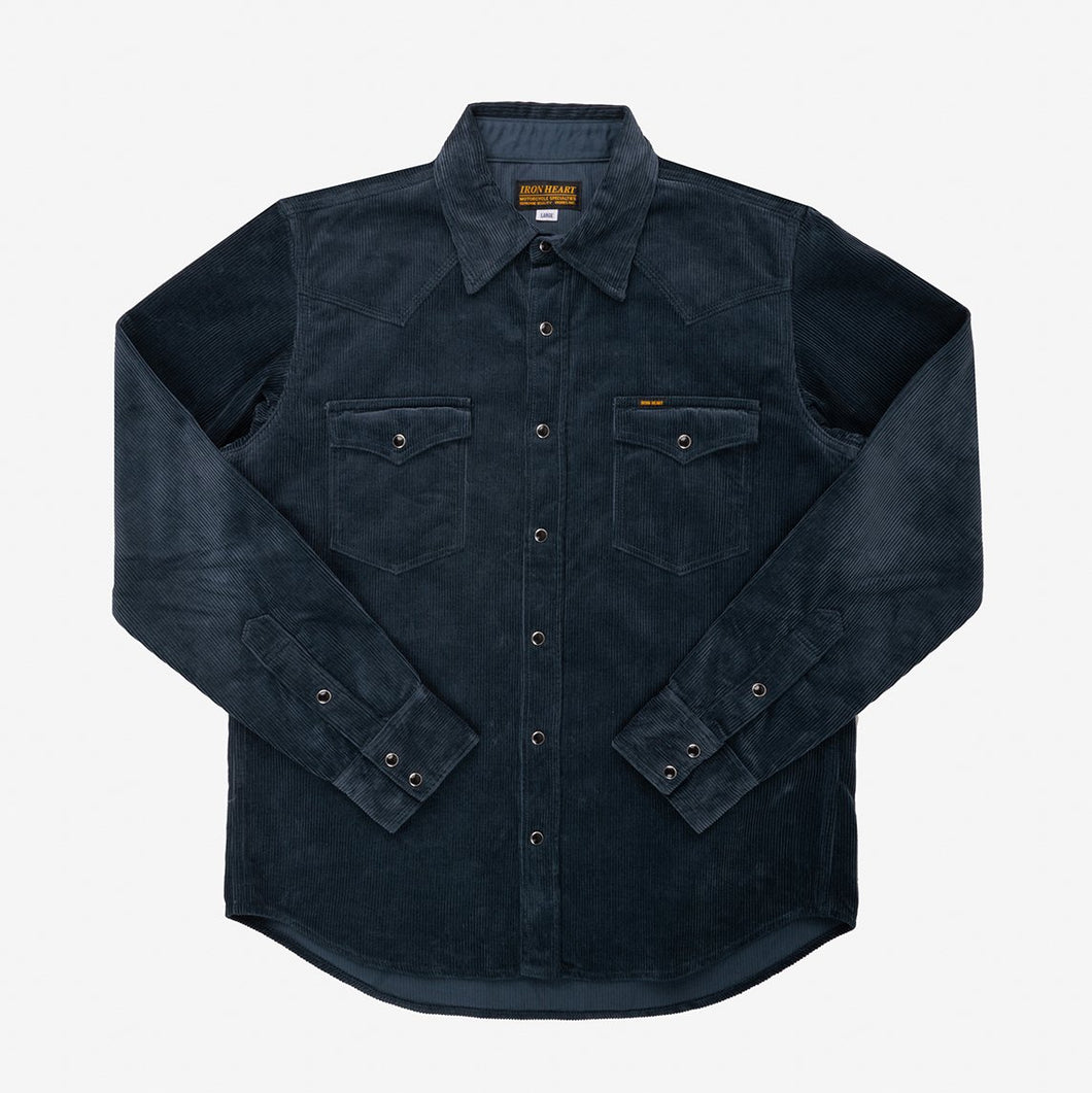 An Iron Heart long-sleeved navy corduroy western shirt with pearl snap fastenings, IHSH-398-Nav