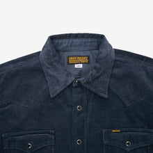 Load image into Gallery viewer, An Iron Heart long-sleeved navy corduroy western shirt with pearl snap fastenings, IHSH-398-Nav