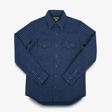 Load image into Gallery viewer, An Iron Heart chalk striped Western-style shirt with a collar, buttons, and front pockets laid out flat. IHSH-401-NAV