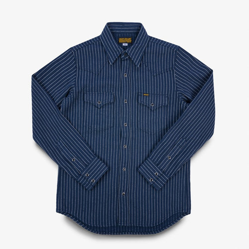 An Iron Heart chalk striped Western-style shirt with a collar, buttons, and front pockets laid out flat. IHSH-401-NAV