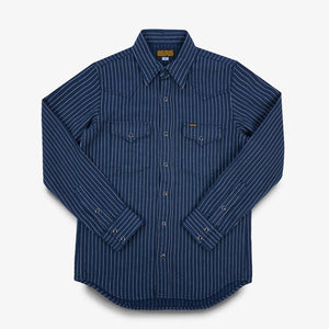 An Iron Heart chalk striped Western-style shirt with a collar, buttons, and front pockets laid out flat. IHSH-401-NAV