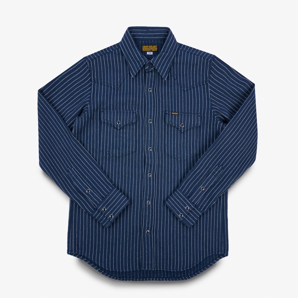 An Iron Heart chalk striped Western-style shirt with a collar, buttons, and front pockets laid out flat. IHSH-401-NAV