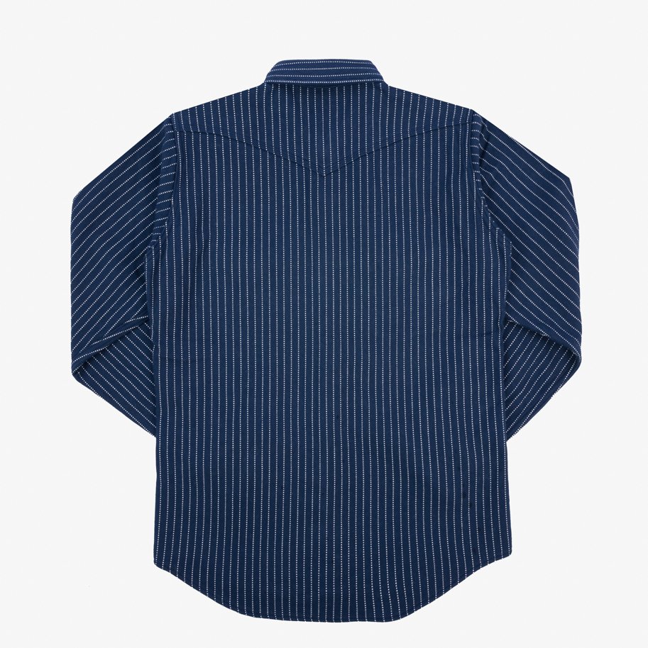 An Iron Heart chalk striped Western-style shirt with a collar, buttons, and front pockets laid out flat. IHSH-401-NAV