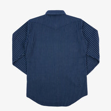 Load image into Gallery viewer, An Iron Heart chalk striped Western-style shirt with a collar, buttons, and front pockets laid out flat. IHSH-401-NAV
