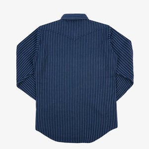 An Iron Heart chalk striped Western-style shirt with a collar, buttons, and front pockets laid out flat. IHSH-401-NAV