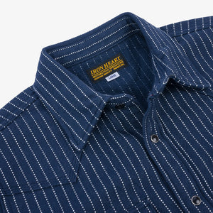 An Iron Heart chalk striped Western-style shirt with a collar, buttons, and front pockets laid out flat. IHSH-401-NAV