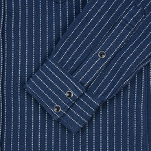 Load image into Gallery viewer, An Iron Heart chalk striped Western-style shirt with a collar, buttons, and front pockets laid out flat. IHSH-401-NAV