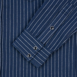 An Iron Heart chalk striped Western-style shirt with a collar, buttons, and front pockets laid out flat. IHSH-401-NAV