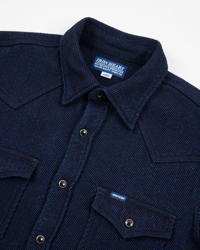 Iron heart Indigo blue Kersey shirt with Iron Heart label on a white background