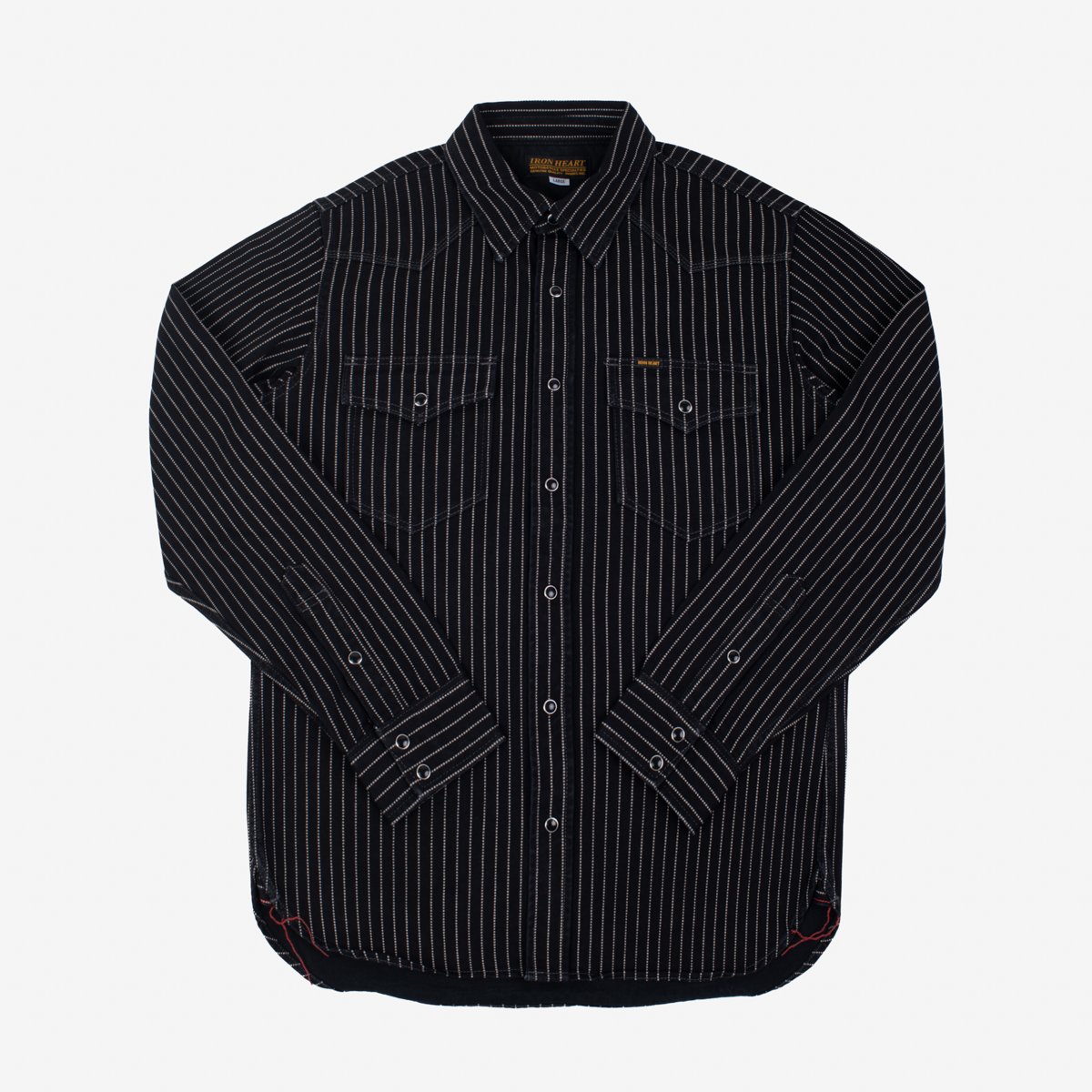 A black Iron Heart Wabash, long-sleeved western-style shirt, 12oz, made in Japan.