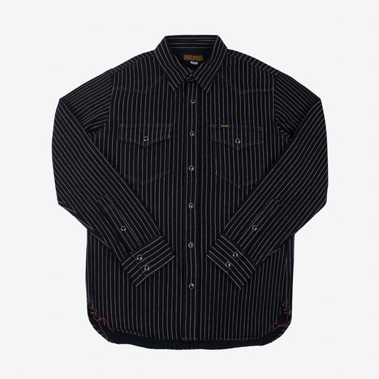 A black Iron Heart Wabash, long-sleeved western-style shirt, 12oz, made in Japan.