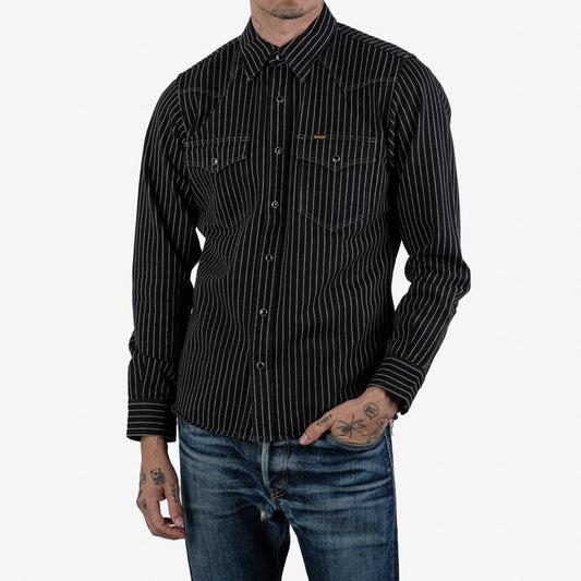 A black Iron Heart Wabash, long-sleeved western-style shirt, 12oz, made in Japan.