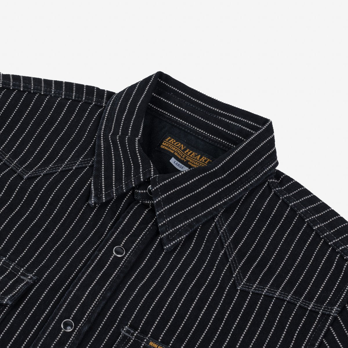 A black Iron Heart Wabash, long-sleeved western-style shirt, 12oz, made in Japan.