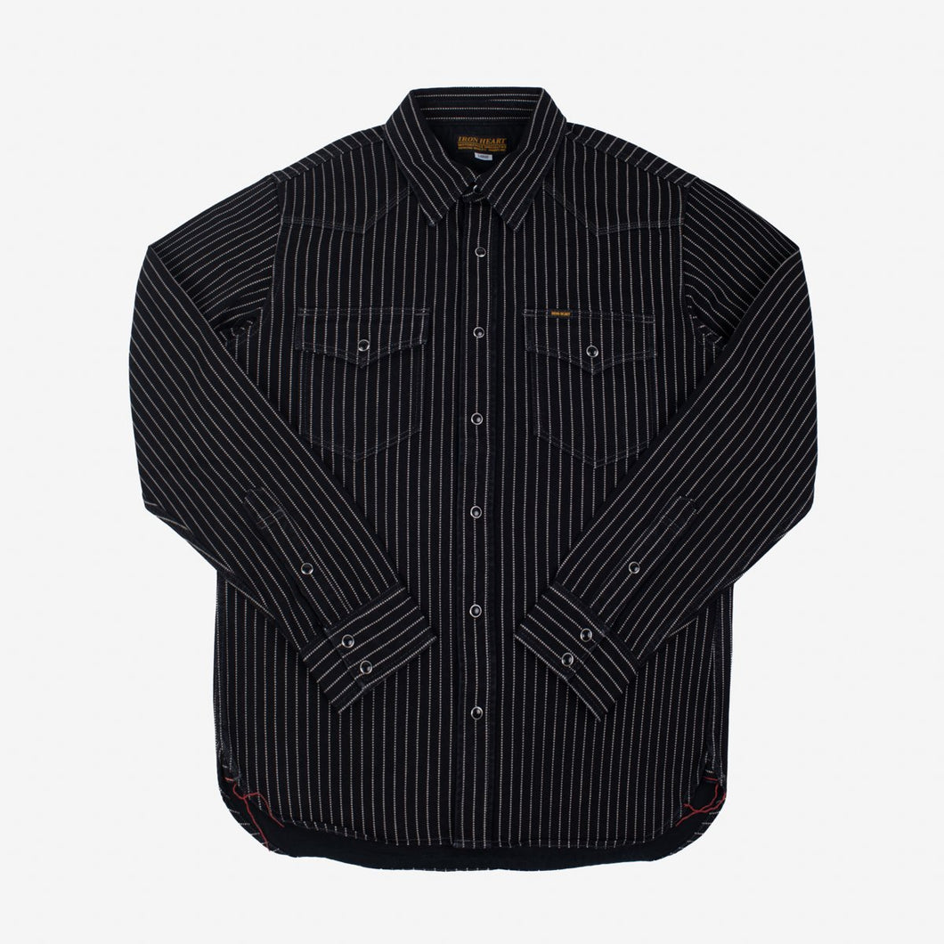 A black Iron Heart Wabash, long-sleeved western-style shirt, 12oz, made in Japan.