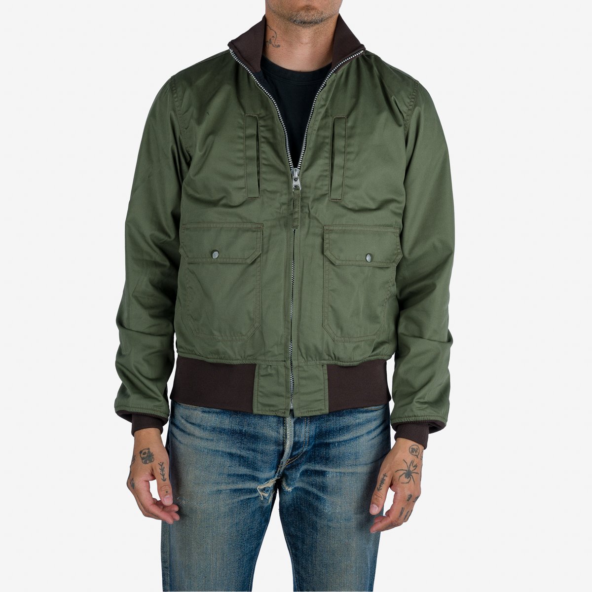 Iron Heart IHJ-130 reversible tanker jacket - worn fit front view Olive