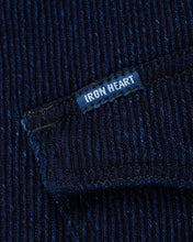 Load image into Gallery viewer, Close-up of a Indigo blue Kersey shirt with an &#39;Iron Heart&#39; label. IHSH208