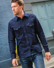 Load image into Gallery viewer, Man wearing a blue denim shirt and jeans by Iron Heart Japanese denim, Indigo Kersey shirt made in Japan IHSH 208.