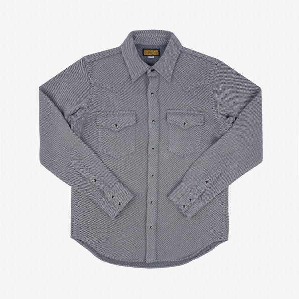 A grey Iron Heart Kersey Western shirt with long sleeves, button-up front, and two chest pockets. 