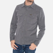 Load image into Gallery viewer, A grey Iron Heart Kersey Western shirt with long sleeves, button-up front, and two chest pockets. 